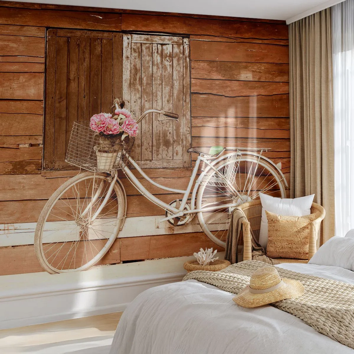 Fotomurali Premium Canvas - Torno subito - Bicicletta, Fiori, Casa di legno - 450x315 cm