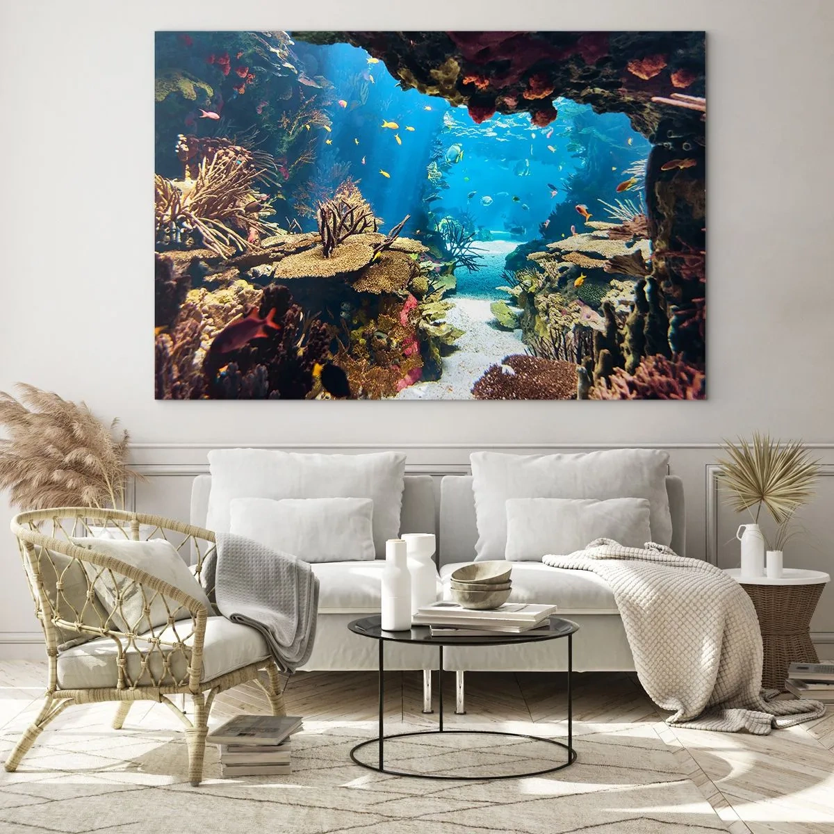 Quadro su vetro - Mondo sottomarino con barriera corallina e pesci - 70x50cm - Non lo avresti neanche sognato - Decorazione murale moderna per soggiorno e camera da letto ARTTOR