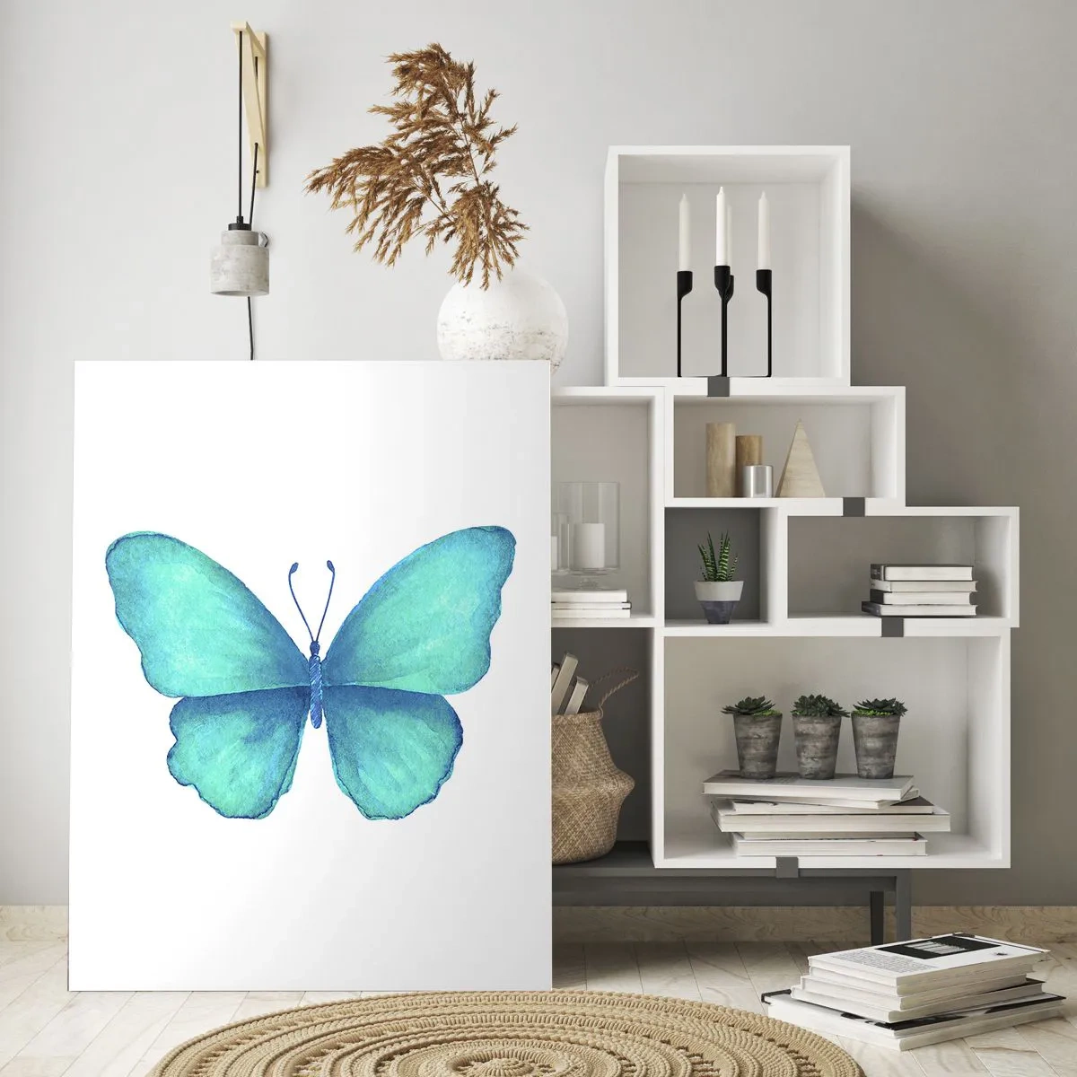 Quadro su vetro - Farfalla blu in stile acquerello su sfondo bianco - 80x120cm - Turchese di natura - Decorazione murale moderna per soggiorno e camera da letto ARTTOR