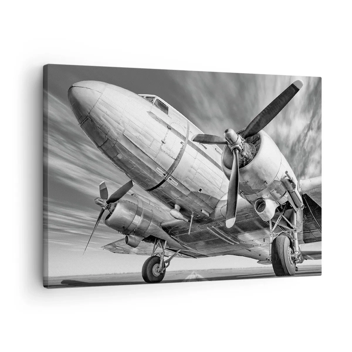 Quadro su tela - Stampe su Tela - Immagine in bianco e nero di un aereo classico con dettagli strutturali visibili. - 70x50cm - Sempre pronto al volo - Decorazione murale moderna per soggiorno e camera da letto ARTTOR