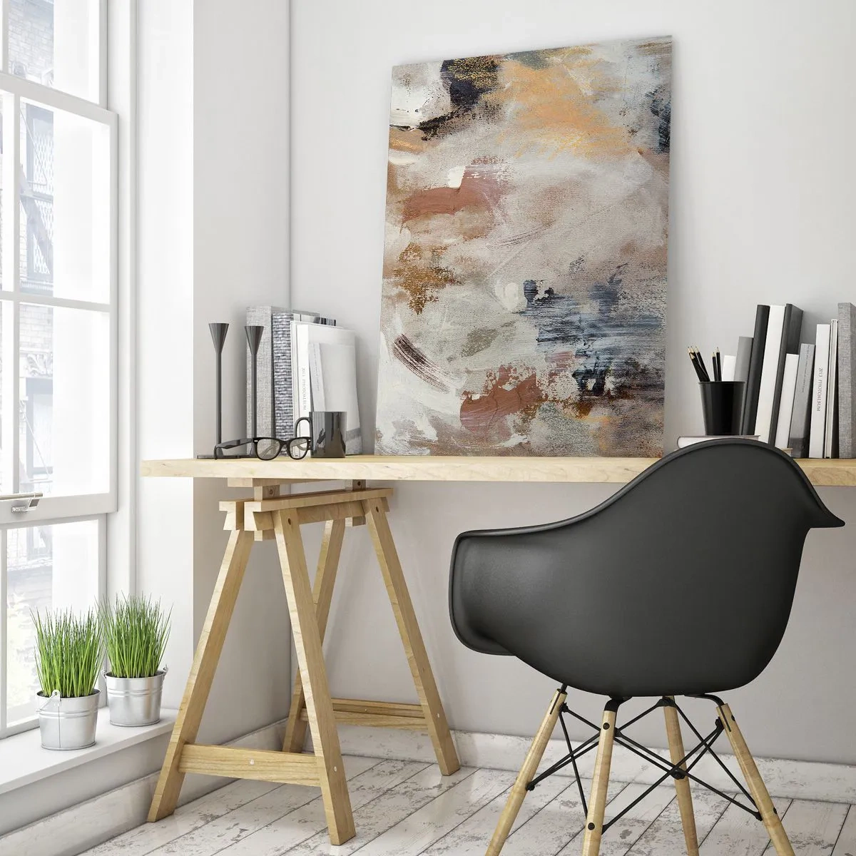 Quadro su vetro - Composizione astratta beige e marrone in uno stile nebbioso - 50x70cm - Astrazione annebbiata - Decorazione murale moderna per soggiorno e camera da letto ARTTOR