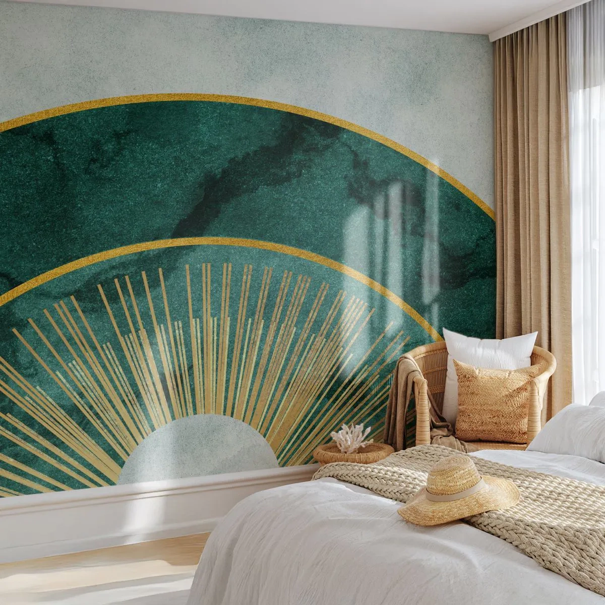 Fotomurali Standard Eco - Raggi dorati su uno sfondo di marmo verde e grigio - 100x70cm - Un altro sistema solare - Decorazione murale moderna per soggiorno e camera da letto ARTTOR