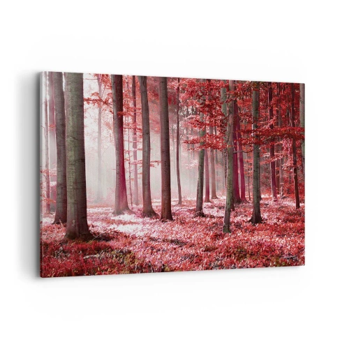 Quadro su tela - Stampe su Tela - Una splendida foresta dalle tonalità rosse con raggi di luce che penetrano attraverso gli alberi - 100x70cm - Anche rosso è bello - Decorazione murale moderna per soggiorno e camera da letto ARTTOR