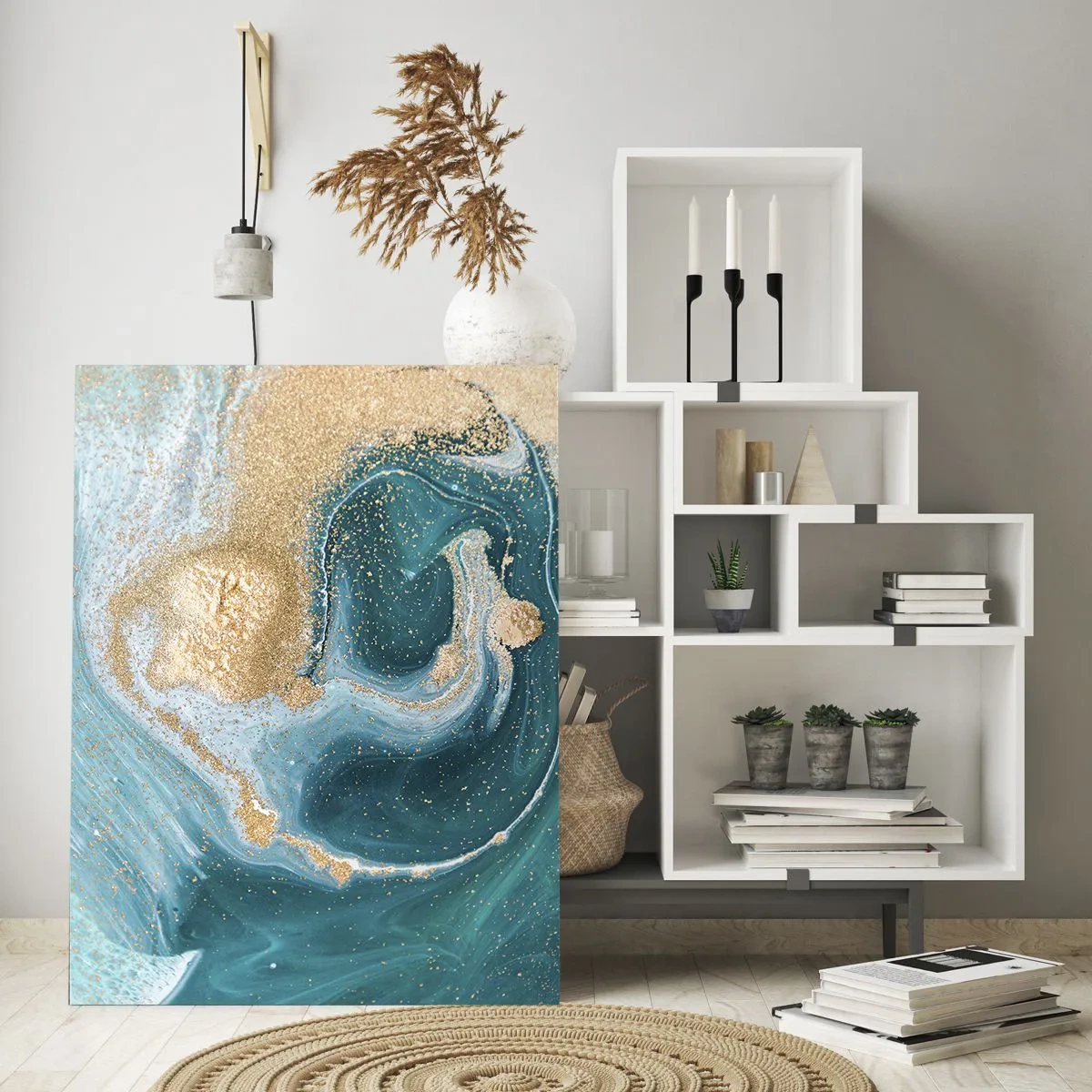 Quadro su vetro - Vortice astratto nei toni del turchese e dell'oro - 70x100cm - Vortice di oro e turchese - Decorazione murale moderna per soggiorno e camera da letto ARTTOR