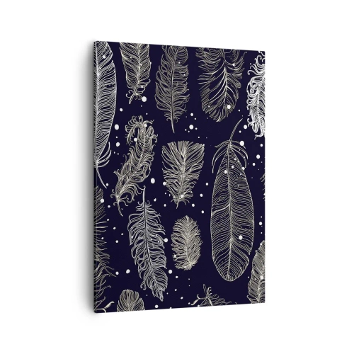 Quadro su tela - Stampe su Tela - Delicate piume bianche su sfondo blu navy - 50x70cm - Pizzo piumato - Decorazione murale moderna per soggiorno e camera da letto ARTTOR