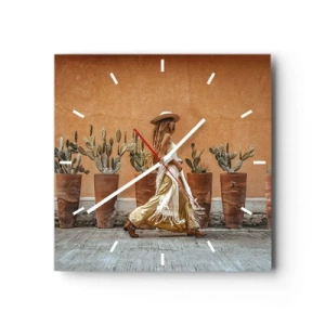 Orologio da parete - Orologio in Vetro - Una donna in stile boho con vasi di cactus sullo sfondo. - 30x30cm - In stile hippy - Decorazione murale moderna per soggiorno e camera da letto ARTTOR