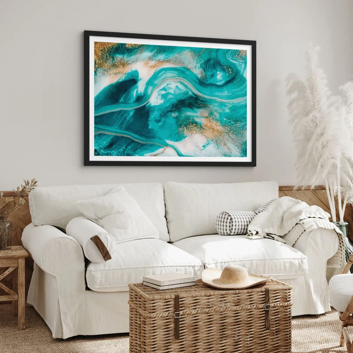 Poster in cornice nera - Astrazione turchese con accenti bianchi e dorati - 100x70cm - Il fiume d'oro - Decorazione murale moderna per soggiorno e camera da letto ARTTOR