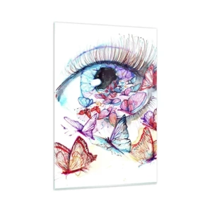 Quadro su vetro - Un occhio acquerello circondato da farfalle colorate - 80x120cm - Occhio incantato - Decorazione murale moderna per soggiorno e camera da letto ARTTOR