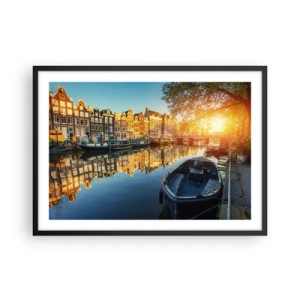 Poster in cornice nera - Canale di Amsterdam al tramonto - 70x50cm - L'alba ad Amsterdam - Decorazione murale moderna per soggiorno e camera da letto ARTTOR