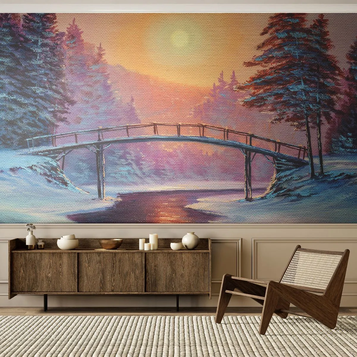 Fotomurali Standard Eco - Quattro stagioni: inverno - Paesaggio, Fiume, Ponte - 400x280 cm