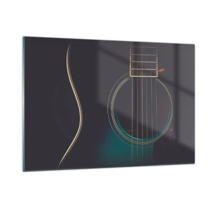 Quadro su vetro - Primo piano di una chitarra acustica nera con dettaglio delle corde - 120x80cm - L'attimo prima del suono - Decorazione murale moderna per soggiorno e camera da letto ARTTOR