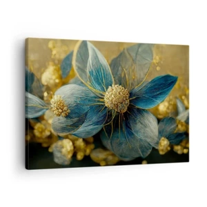 Quadro su tela - Stampe su Tela - Eleganti fiori nei toni del blu e dell'oro - 70x50cm - Fiorire d'oro - Decorazione murale moderna per soggiorno e camera da letto ARTTOR