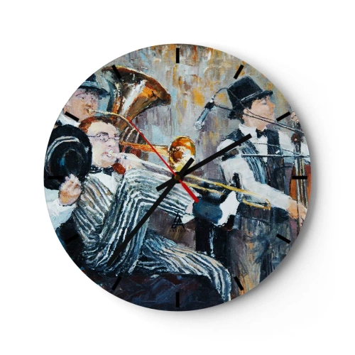Orologio da parete - Orologio in Vetro - Una jazz band dal punto di vista artistico - 30x30cm - Tutto il jazz - Decorazione murale moderna per soggiorno, cucina e camera da letto ARTTOR
