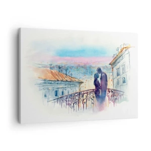 Quadro su tela - Stampe su Tela - Coppia romantica su un balcone con vista sulla città - 70x50cm - Amanti parigini - Decorazione murale moderna per soggiorno e camera da letto ARTTOR