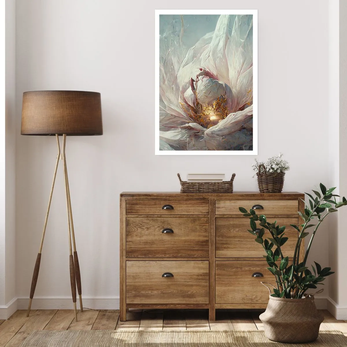 Poster - Una sottile astrazione con motivo floreale in delicate tonalità di bianco e oro. - 50x70cm - Fiorisce ogni cento anni - Decorazione murale moderna per soggiorno e camera da letto ARTTOR