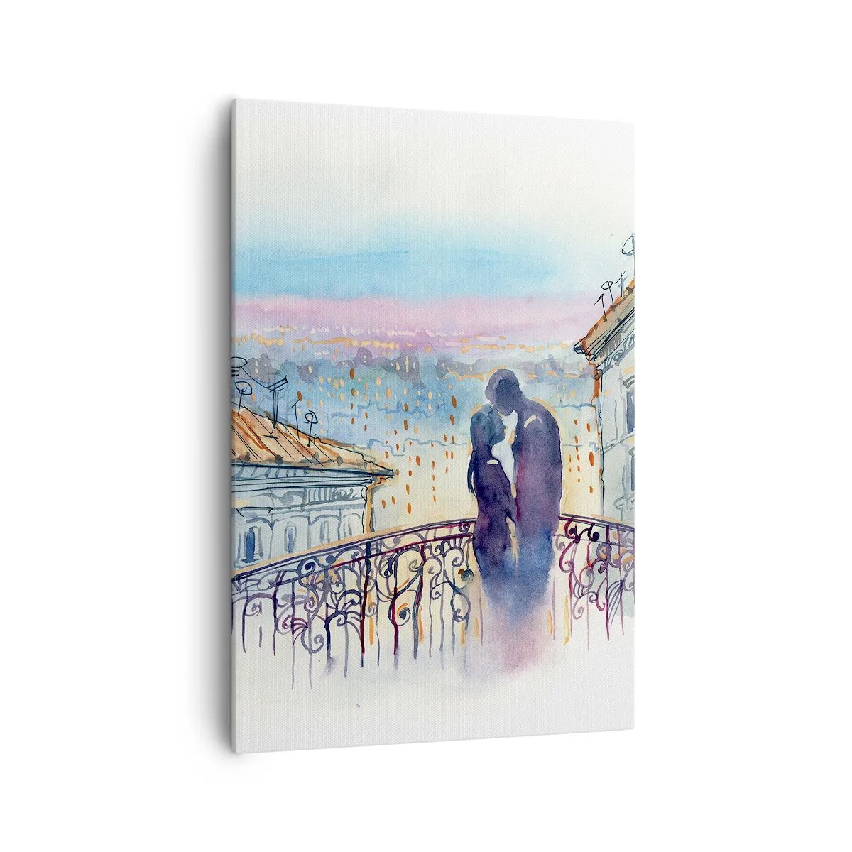 Quadro su tela - Stampe su Tela - Coppia romantica su un balcone con vista sulla città - 70x100cm - Amanti parigini - Decorazione murale moderna per soggiorno e camera da letto ARTTOR