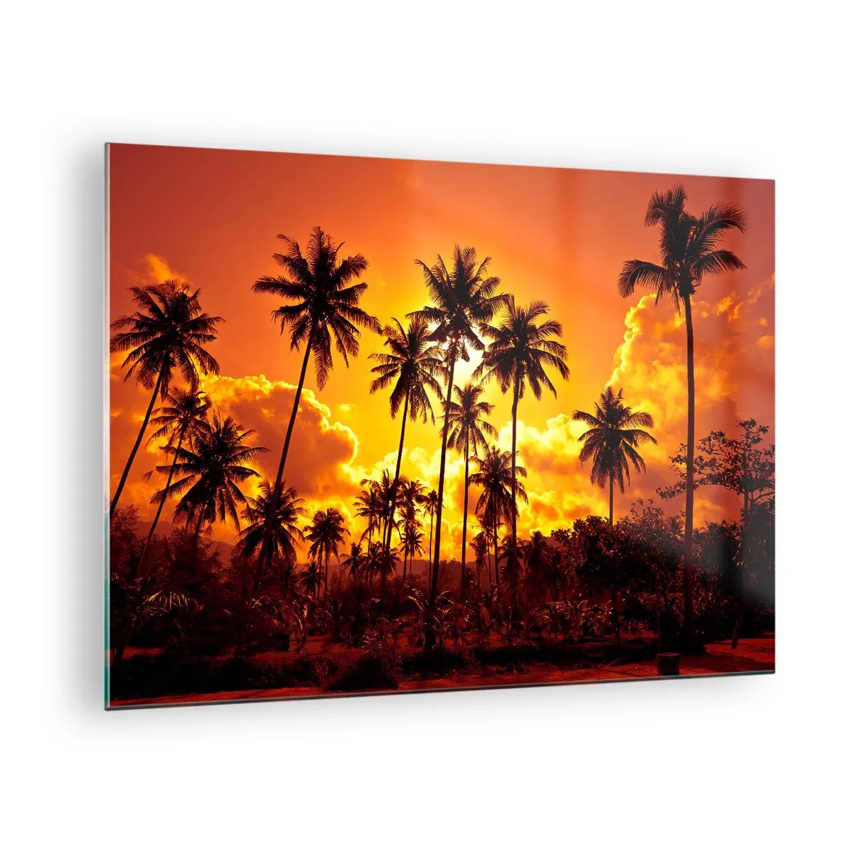 Quadro su vetro - Palme sullo sfondo di un tramonto infuocato - 70x50cm - Bruciano i monti, bruciano i boschi - Decorazione murale moderna per soggiorno e camera da letto ARTTOR