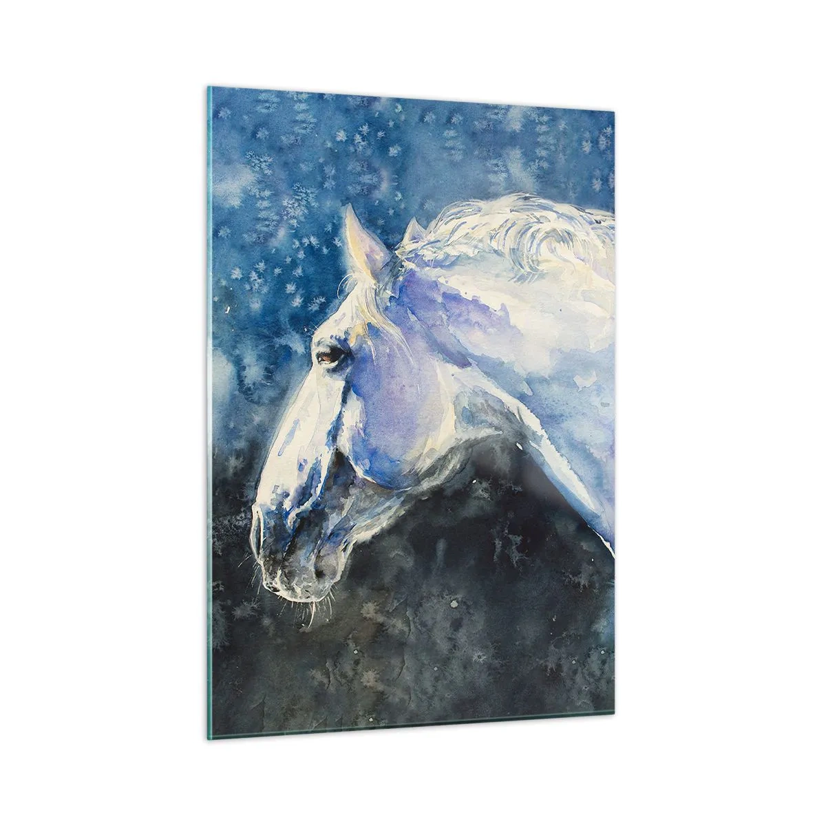 Quadro su vetro - Ritratto ad acquerello di un cavallo nei toni del blu - 50x70cm - Ritratto in luce blu - Decorazione murale moderna per soggiorno e camera da letto ARTTOR