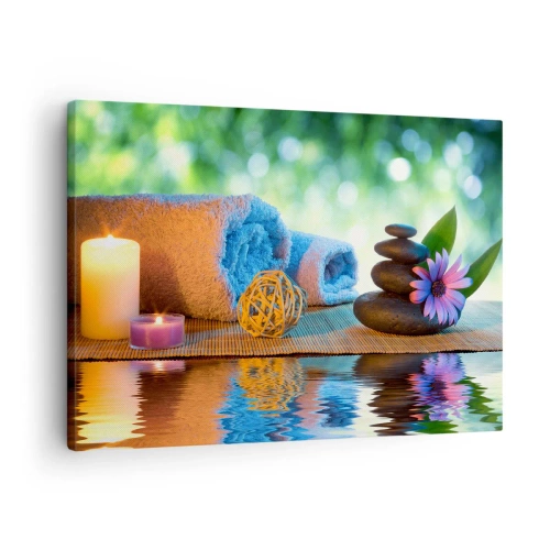 Quadro su tela - Stampe su Tela - Set SPA rilassante con asciugamani, candele e pietre - 70x50cm - Tempo per il corpo - Decorazione murale moderna per soggiorno e camera da letto ARTTOR