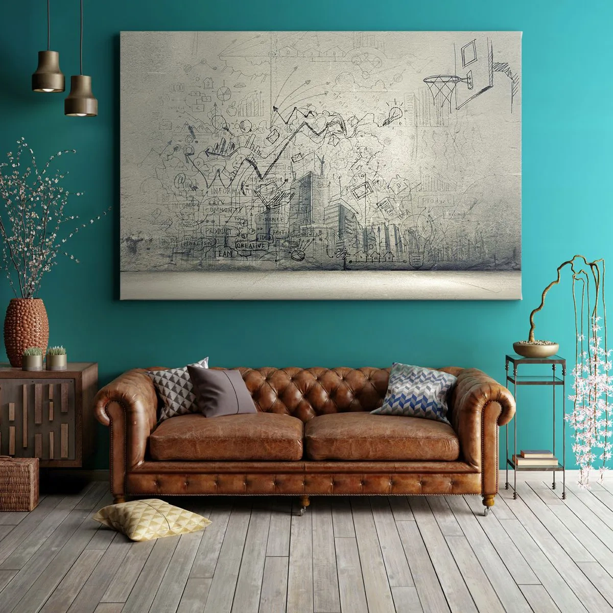 Quadro su tela - Stampe su Tela - Disegni e diagrammi sullo sfondo di un muro grezzo - 120x80cm - La mia fantastica vita in città - Decorazione murale moderna per soggiorno e camera da letto ARTTOR