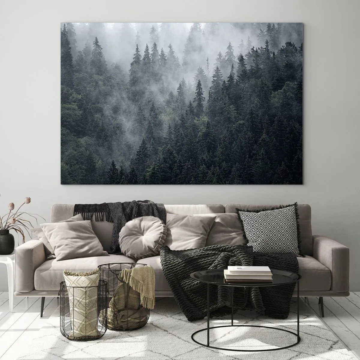 Quadro su vetro - Nebbia sospesa sulla fitta foresta di conifere al mattino - 100x70cm - Alba nel bosco - Decorazione murale moderna per soggiorno e camera da letto ARTTOR