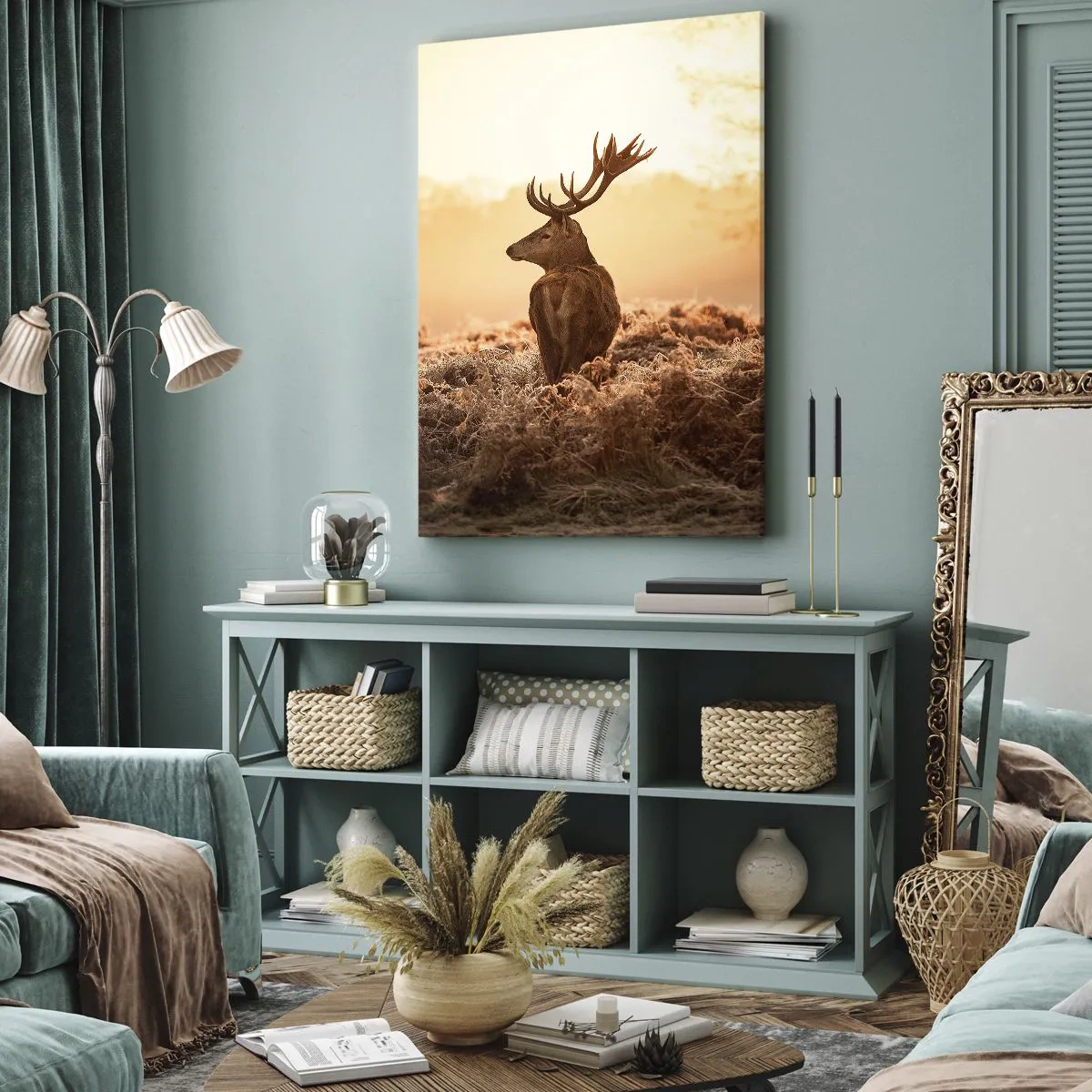 Quadro su tela - Stampe su Tela - Cervo nei raggi del sole nascente - 70x100cm - Il signore sulle sue terre - Decorazione murale moderna per soggiorno e camera da letto ARTTOR