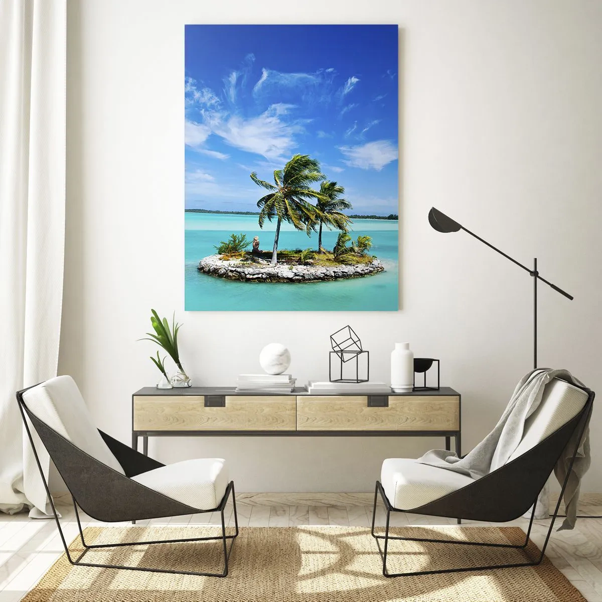 Quadro su vetro - Un'isola tropicale sullo sfondo di un oceano turchese - 50x70cm - Paradiso in terra - Decorazione murale moderna per soggiorno e camera da letto ARTTOR