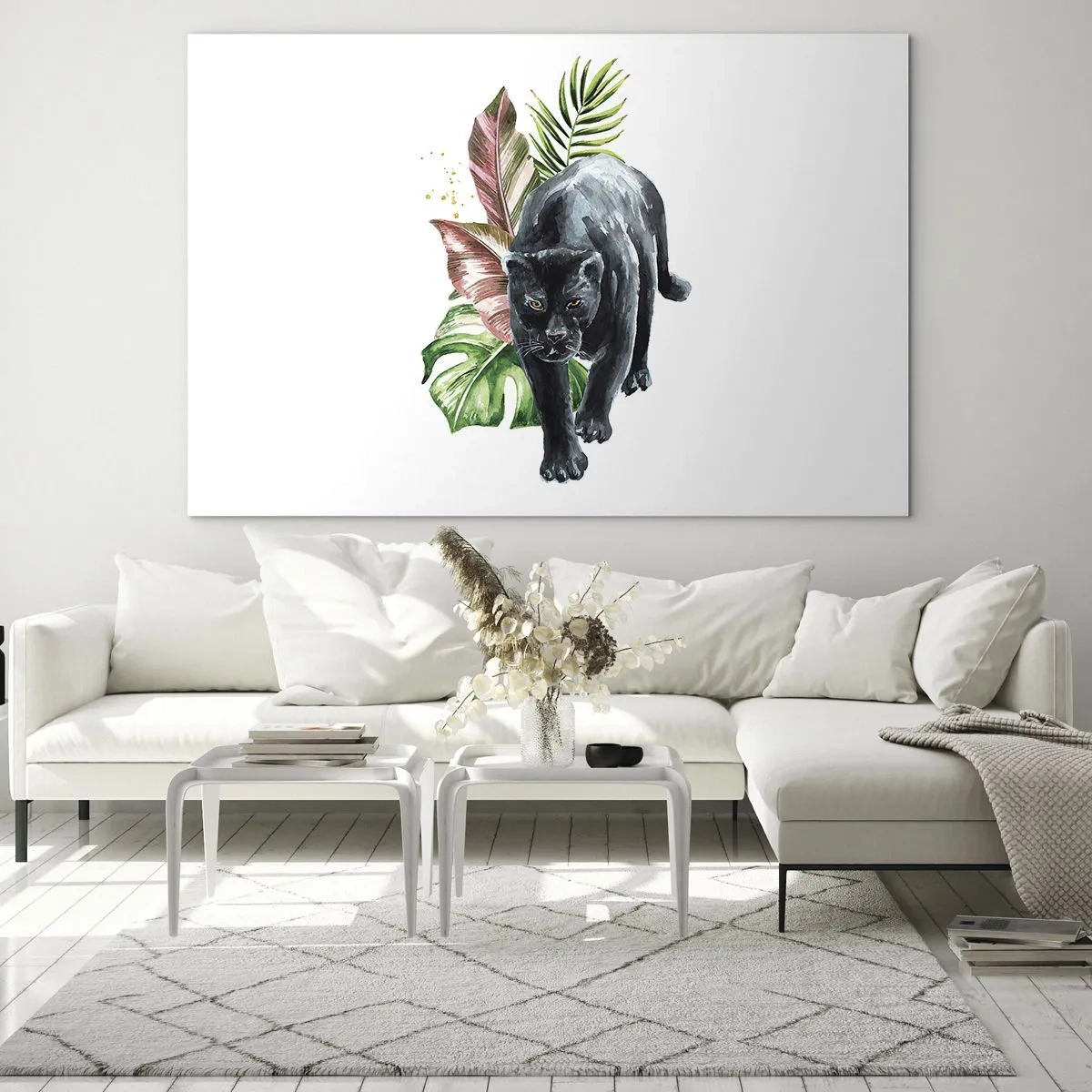 Quadro su vetro - Pantera nera su uno sfondo di foglie tropicali in stile acquerello - 100x70cm - Cuore selvaggio - Decorazione murale moderna per soggiorno e camera da letto ARTTOR