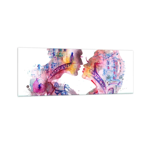 Quadro su vetro - Un acquerello romantico che raffigura le sagome degli innamorati - 140x50cm - Misterioso ponte dei sospiri - Decorazione murale moderna per soggiorno e camera da letto ARTTOR