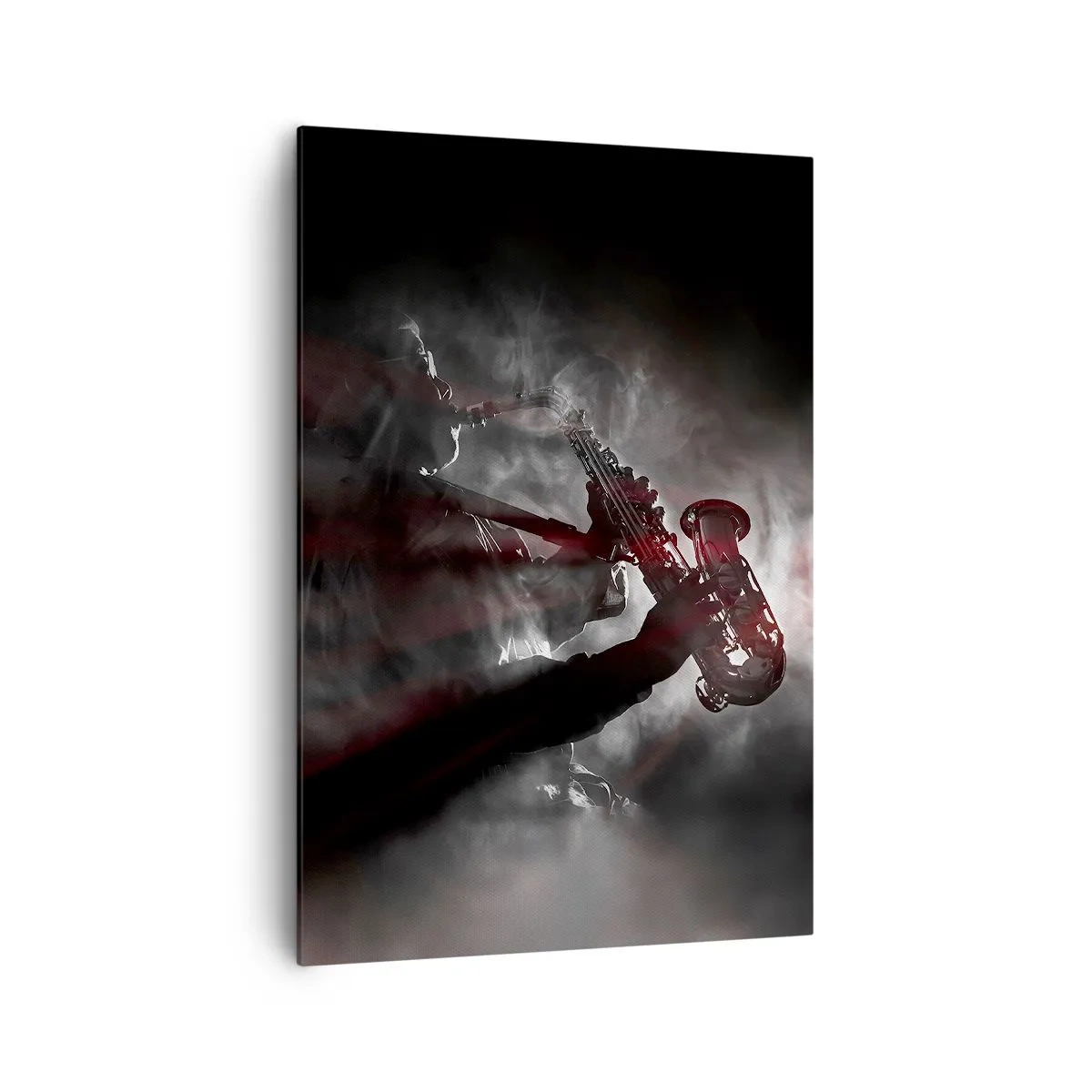 Quadro su tela - Stampe su Tela - Sassofonista in fumo sul palco in un suggestivo abito nero e rosso - 70x100cm - Nei fumi del jazz - Decorazione murale moderna per soggiorno e camera da letto ARTTOR