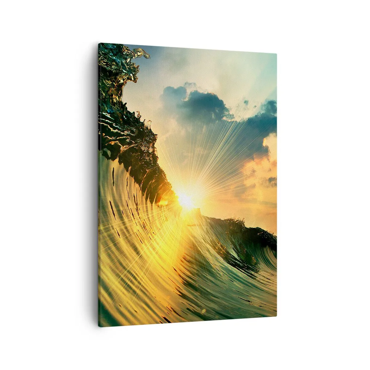 Quadro su tela - Stampe su Tela - Un'onda con il sole al tramonto e le nuvole illuminate - 50x70cm - Surfista, dove sei? - Decorazione murale moderna per soggiorno e camera da letto ARTTOR