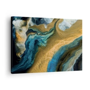 Quadro su tela - Stampe su Tela - Onde astratte nei toni dell'oro e del blu - 70x50cm - Blu-oro: influenza reciproca - Decorazione murale moderna per soggiorno e camera da letto ARTTOR