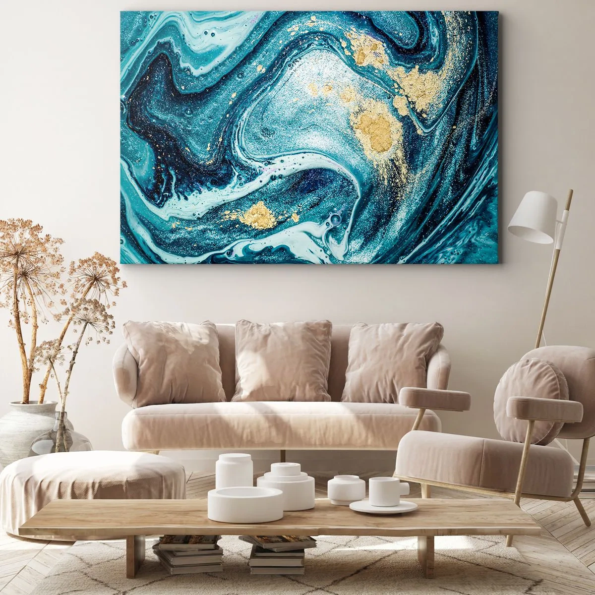 Quadro su tela - Stampe su Tela - Una composizione astratta di onde e accenti dorati - 100x70cm - Vortice blu - Decorazione murale moderna per soggiorno e camera da letto ARTTOR