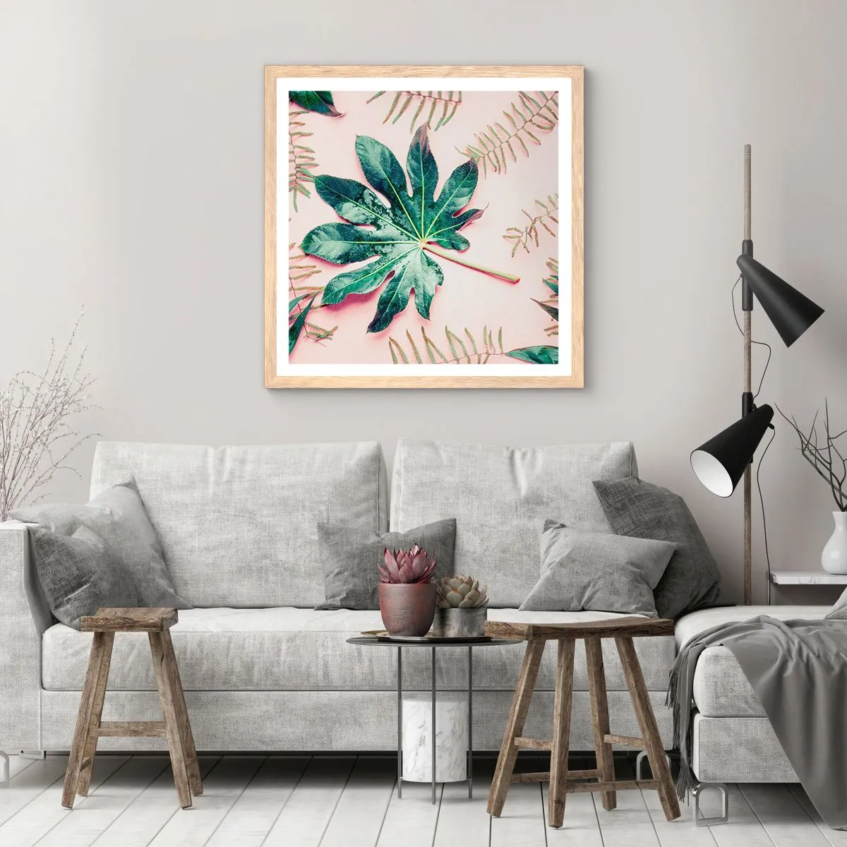 Poster in cornice rovere chiaro - Studio di verde su sfondo rosa - 40x40 cm