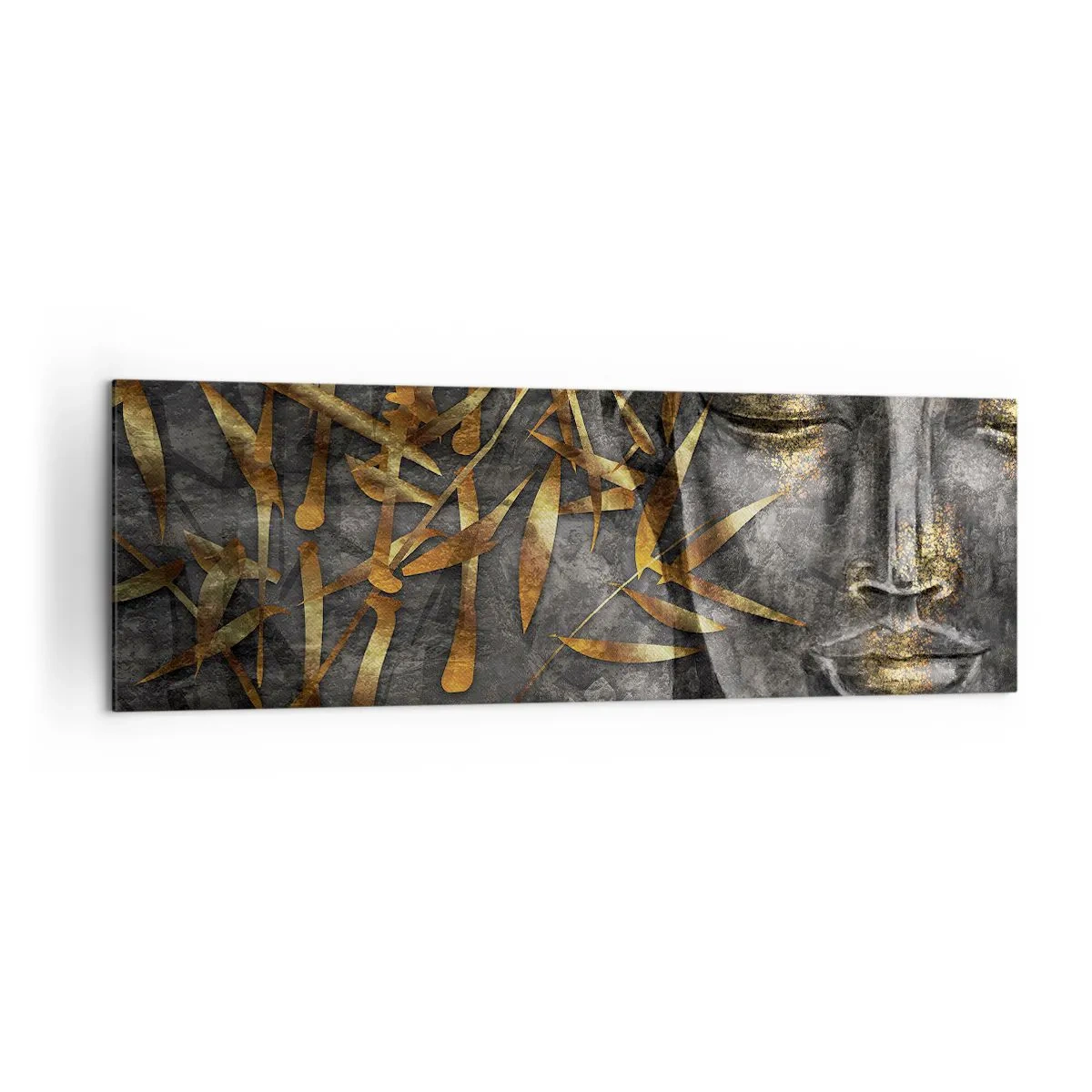 Quadro su tela - Stampe su Tela - Immagine del Buddha Zen con bambù dorati - 160x50cm - Senti la pace - Decorazione murale moderna per soggiorno e camera da letto ARTTOR