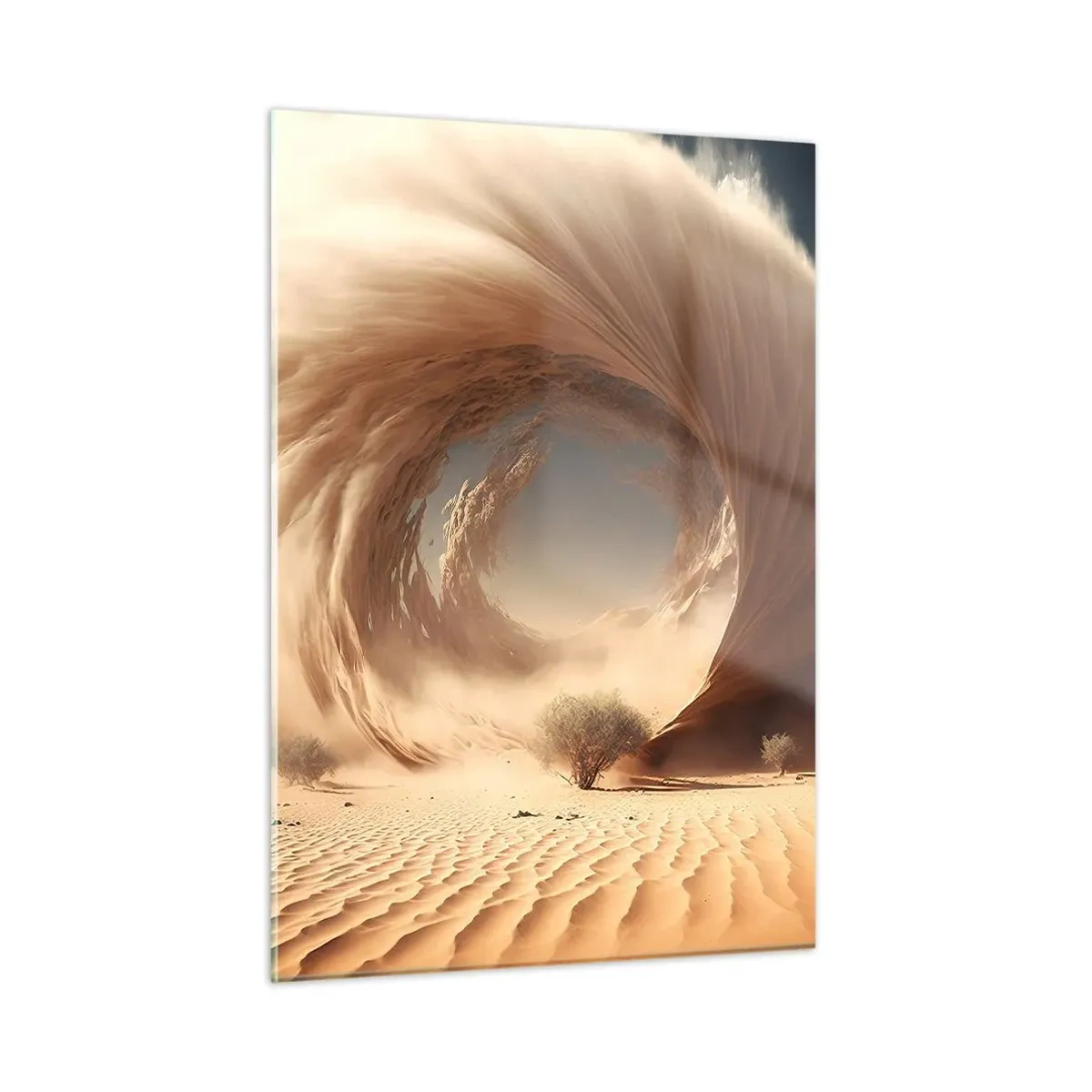 Quadro su vetro - Un vortice di sabbia del deserto crea un portale tra il cielo e le dune. - 50x70cm - Il portale è aperto - Decorazione murale moderna per soggiorno e camera da letto ARTTOR