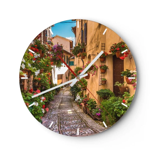 Orologio da parete - Orologio in Vetro - Un pittoresco vicolo con pavimentazione in pietra e fiori - 30x30cm - Angolo italiano - Decorazione murale moderna per soggiorno, cucina e camera da letto ARTTOR