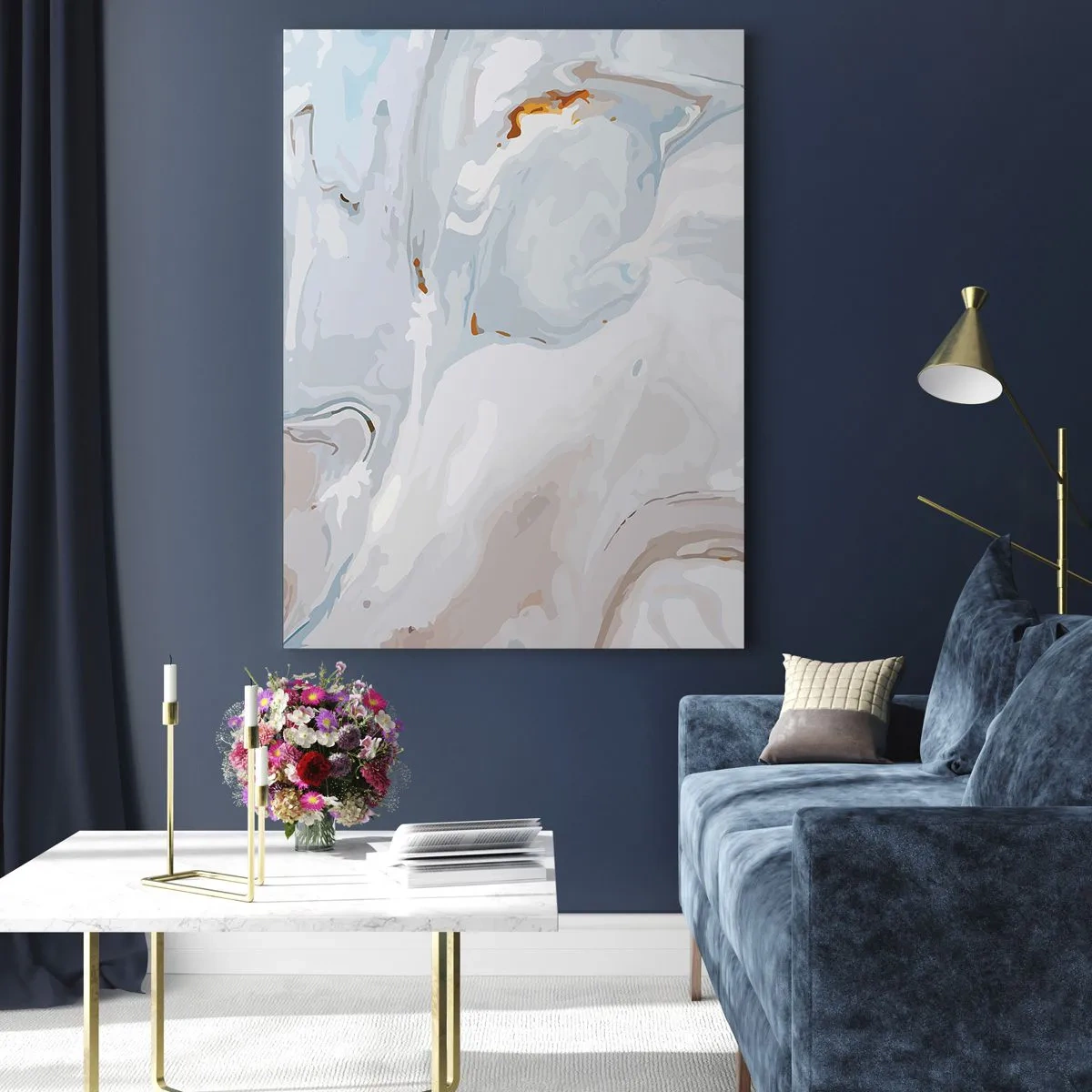 Quadro su vetro - Onde astratte nei toni del blu e del bianco - 80x120cm - Bianchi sovrapposti - Decorazione murale moderna per soggiorno e camera da letto ARTTOR