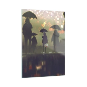 Quadro su vetro - Figure con ombrelli sotto la pioggia sullo sfondo delle luci della città - 50x70cm - Dalla prospettiva di una goccia di pioggia - Decorazione murale moderna per soggiorno e camera da letto ARTTOR