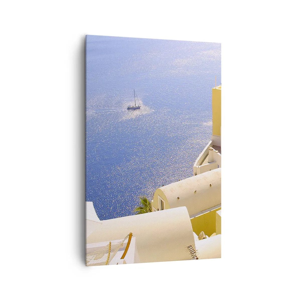 Quadro su tela - Stampe su Tela - Architettura greca con vista sul mare e una barca sullo sfondo - 80x120cm - Paesaggio greco in bianco e blu - Decorazione murale moderna per soggiorno e camera da letto ARTTOR