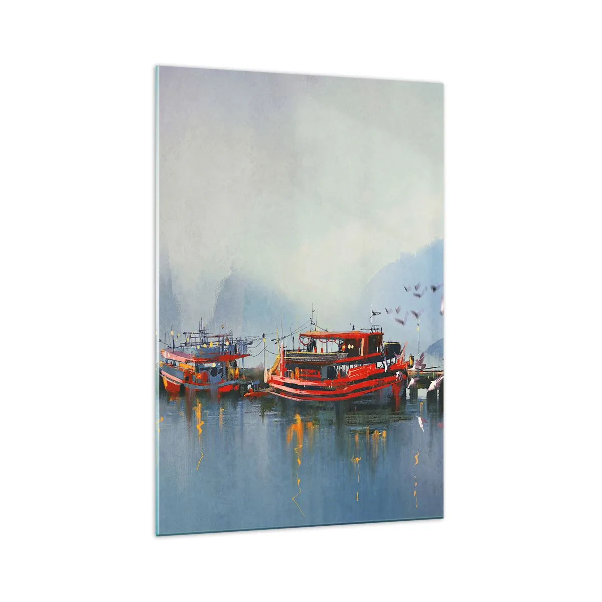 Quadro su vetro - Un porto con barche rosse circondato da un paesaggio nebbioso - 70x100cm - Alla fine del mondo - Decorazione murale moderna per soggiorno e camera da letto ARTTOR