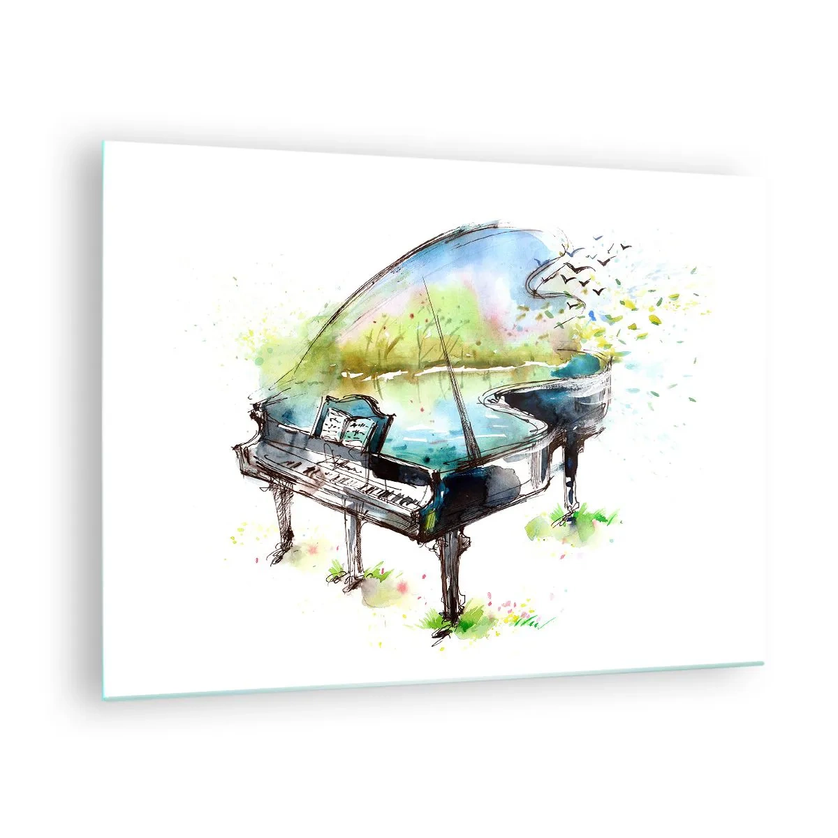 Quadro su vetro - Acquerello di un pianoforte immerso nella natura - 70x50cm - Incantato nella musica - Decorazione murale moderna per soggiorno e camera da letto ARTTOR