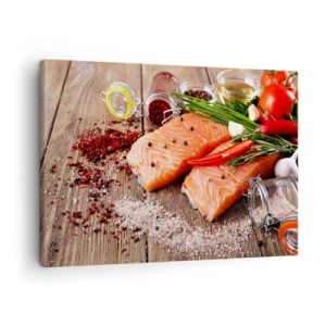 Quadro su tela - Stampe su Tela - Filetti di salmone con spezie su fondo di legno - 70x50cm - Avventura norvegese in cucina - Decorazione murale moderna per soggiorno e camera da letto ARTTOR