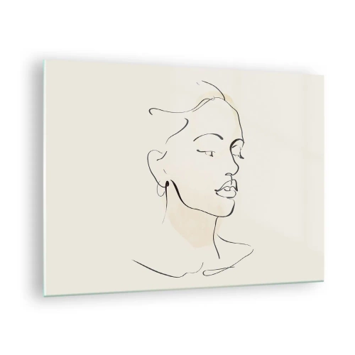 Quadro su vetro - Ritratto femminile lineare su uno sfondo chiaro con ombre delicate. - 70x50cm - Linea sicura - Decorazione murale moderna per soggiorno e camera da letto ARTTOR