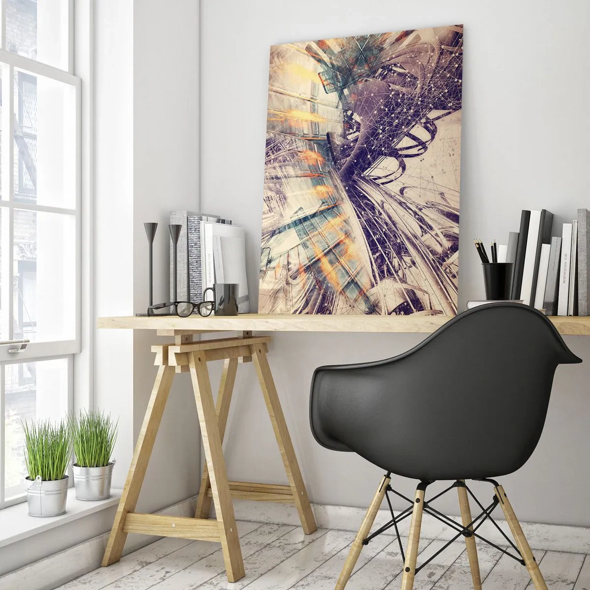 Quadro su vetro - Astrazione dinamica nei toni del beige e del viola - 80x120cm - A gran velocità - Decorazione murale moderna per soggiorno e camera da letto ARTTOR