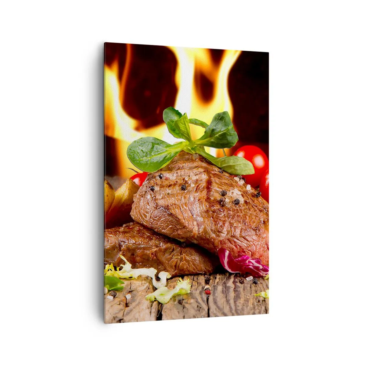 Quadro su tela - Stampe su Tela - Bistecca alla griglia con contorni sullo sfondo delle fiamme - 80x120cm - Incantate dal fuoco - Decorazione murale moderna per soggiorno e camera da letto ARTTOR