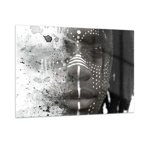 Quadro su vetro - Ritratto con motivi etnici in bianco e nero con effetto acquerello - 120x80cm - Scopri lo spirito primordiale - Decorazione murale moderna per soggiorno e camera da letto ARTTOR