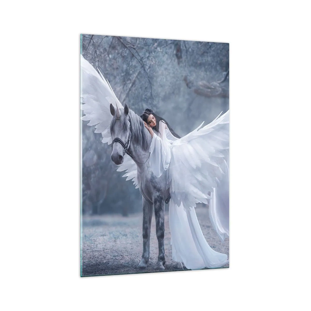 Quadro su vetro - Una donna su un cavallo bianco con le ali in una foresta magica - 70x100cm - Momento ispirato - Decorazione murale moderna per soggiorno e camera da letto ARTTOR