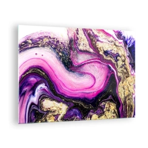 Quadro su vetro - Una composizione astratta nei toni del viola e dell'oro. - 70x50cm - Un attimo dietro le quinte - Decorazione murale moderna per soggiorno e camera da letto ARTTOR