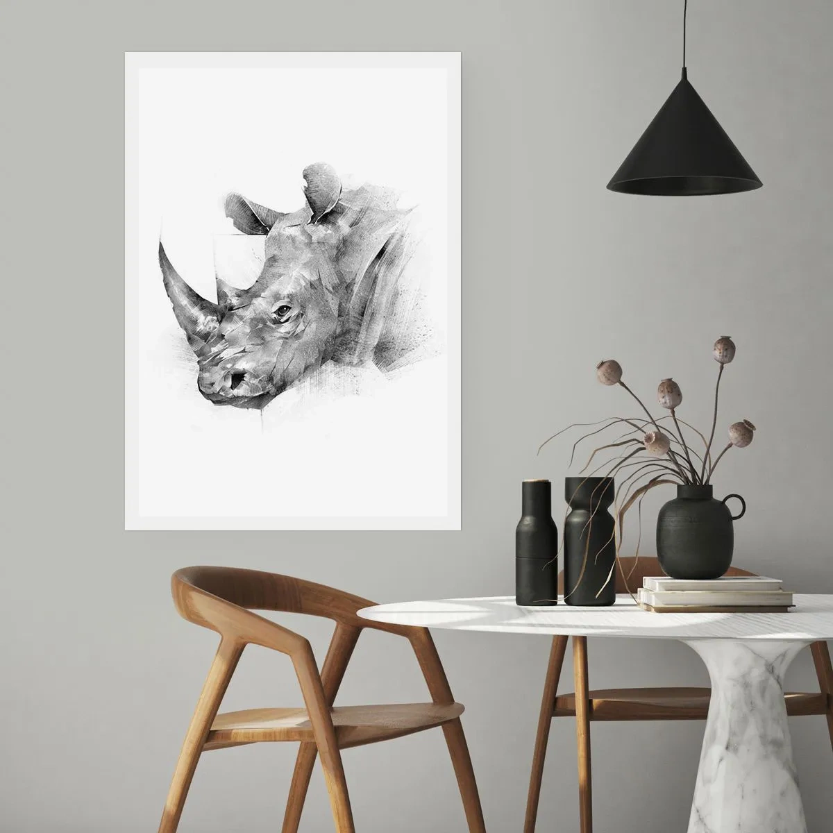 Poster - Disegno grafico di un rinoceronte in bianco e nero - 50x70cm - Ritratto africano - Decorazione murale moderna per soggiorno e camera da letto ARTTOR